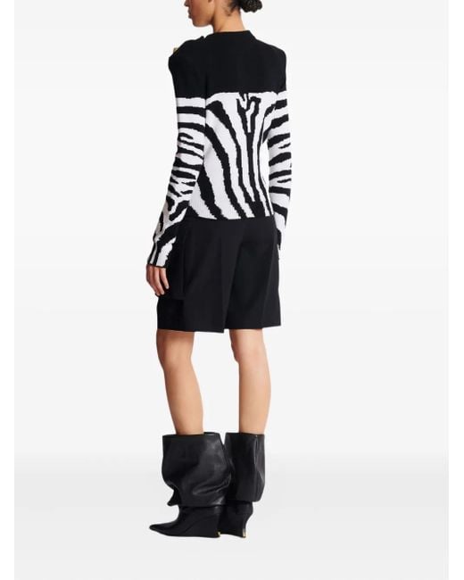 Balmain Black Zebra-Pattern Padded-Shoulder Sweater