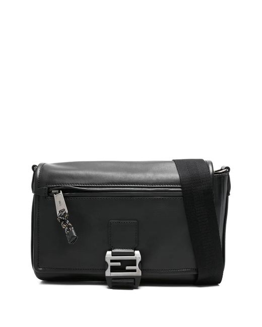 Fendi Black Flux Buckle Leather Messenger Bag for men
