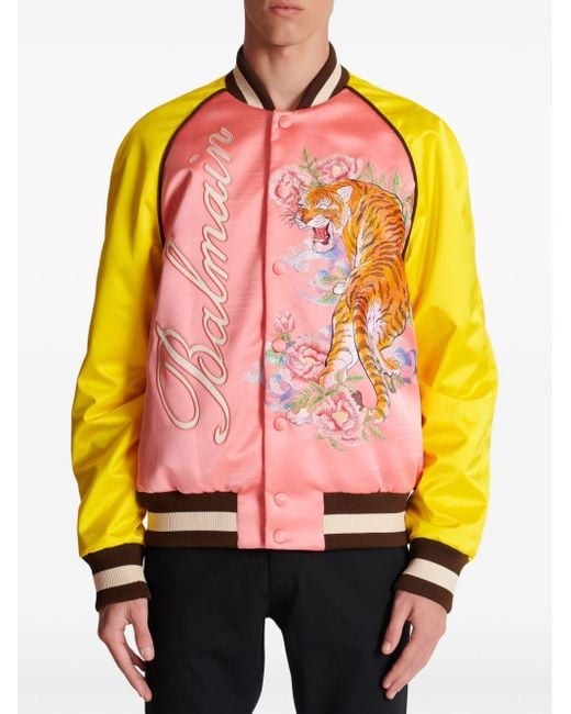 Balmain Pink Tiger-embroidered Satin Bomber Jacket for men