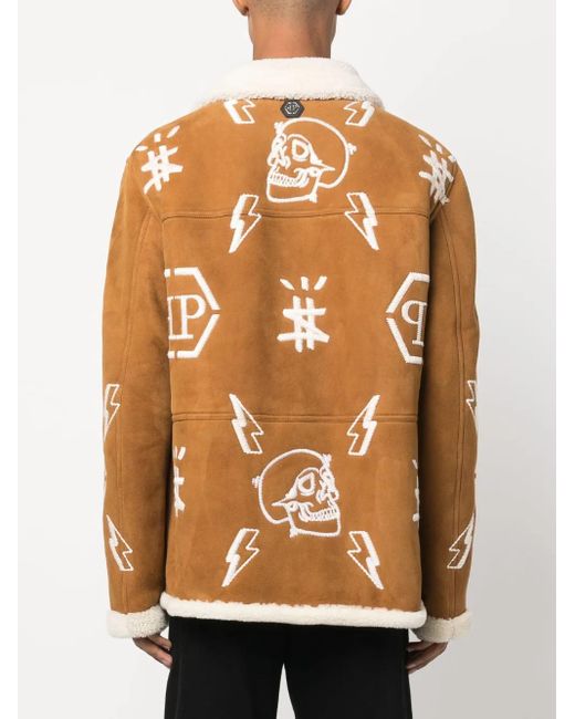 Philipp Plein Brown Logo-Embroidered Suede Coat for men