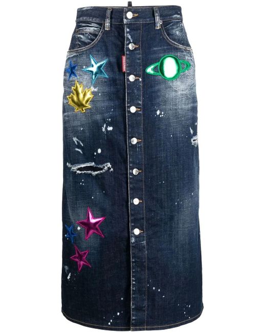 DSquared² Blue Distressed Patch-Detail Denim Skirt