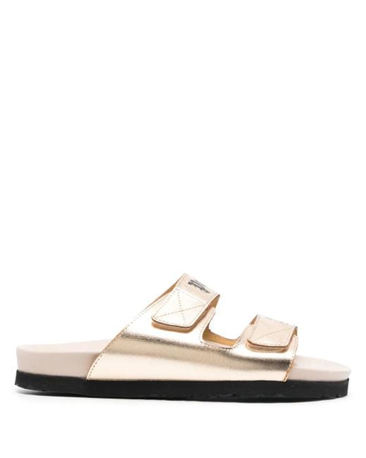 Palm Angels White Logo-Print Leather Slides