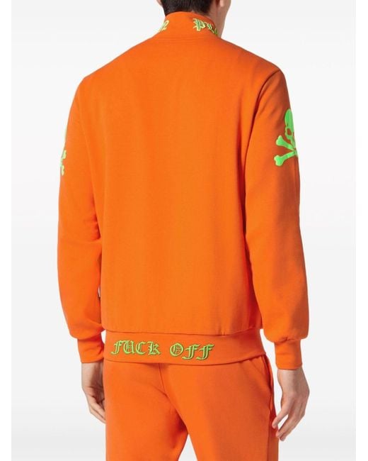 Philipp Plein Orange Embroidered Zip-up Sweatshirt for men