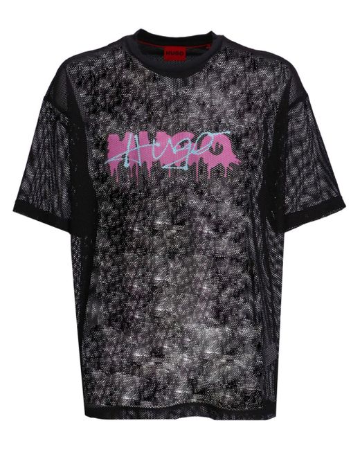 HUGO Black Logo-print Mesh T-shirt for men