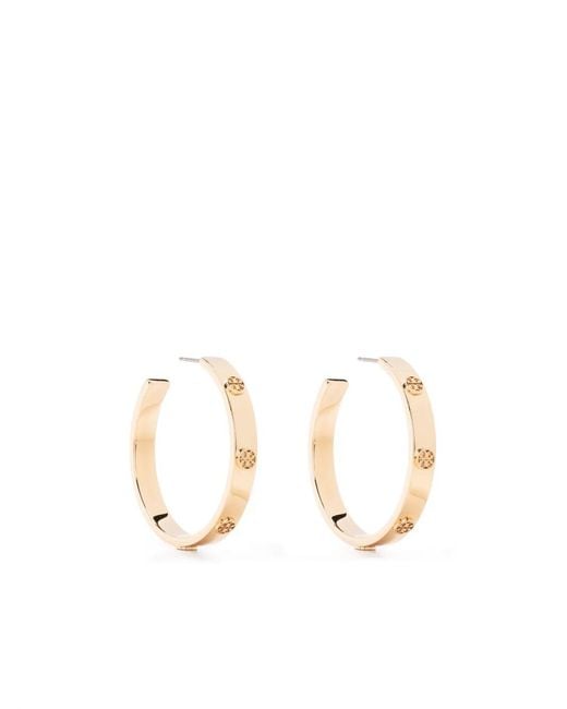 Tory Burch White Embossed-Logo Hoop Earrings