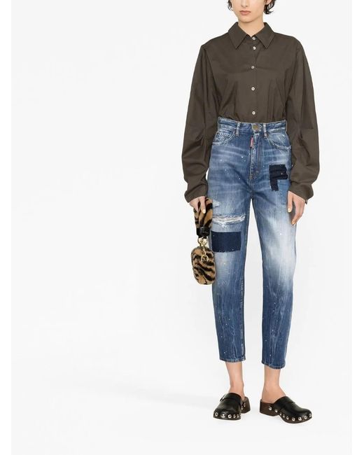 DSquared² Blue Distressed Patchwork Cropped Jeans