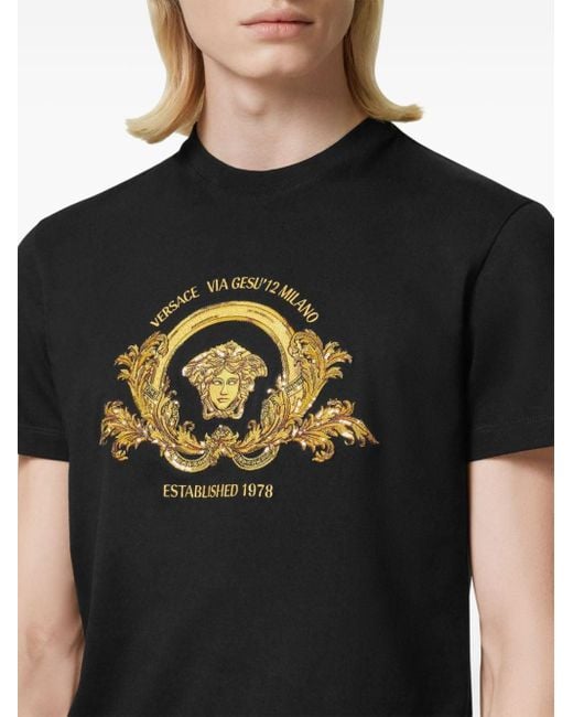 Versace Black Coupe Blason Embroidered T-shirt for men