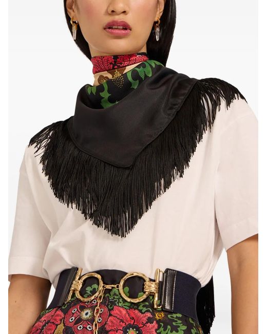 LaDoubleJ Black Reversible Floral-Print Fringe Scarf