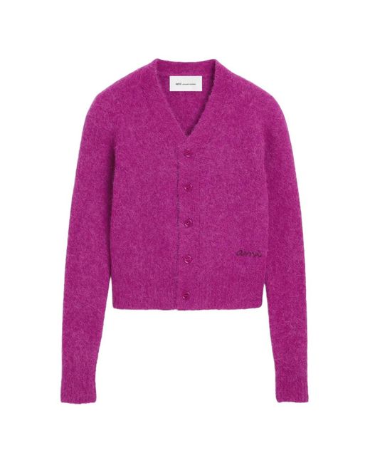 AMI Purple Cardigan En Laine Et Alpaga Avec Broderie Ami