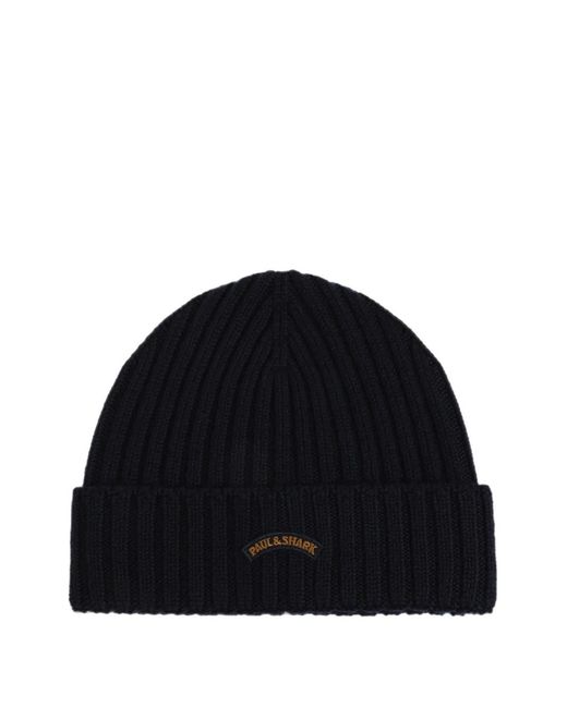 Paul & Shark Black Ribbed-Knit Beanie Hat for men