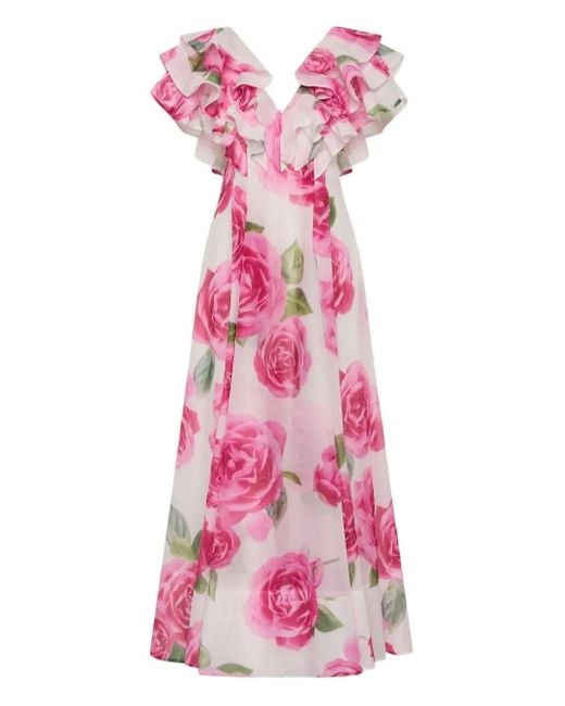 Vestido largo Olea floral con volantes Aje. de color Pink