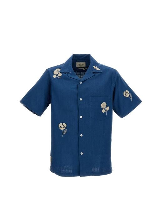 Portuguese Flannel Blue Floral-Embroidered Camp-Collar Shirt for men
