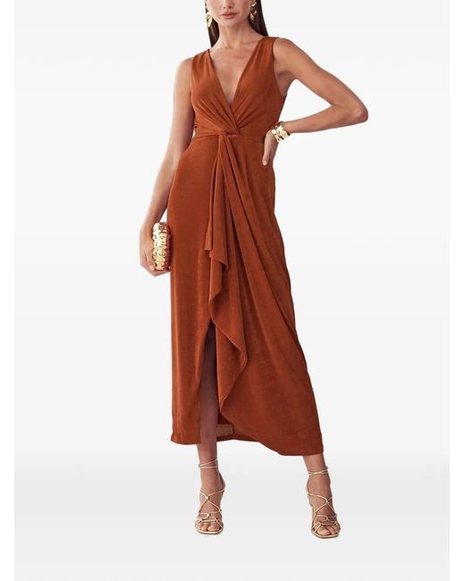BWLDR Brown V-Neck Twist-Detail Midi Dress