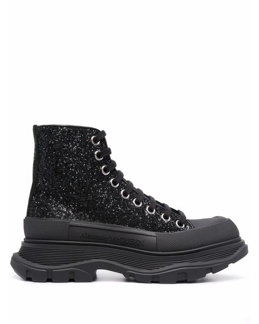 McQueen Black Tread Slick Glitter Ankle Boots