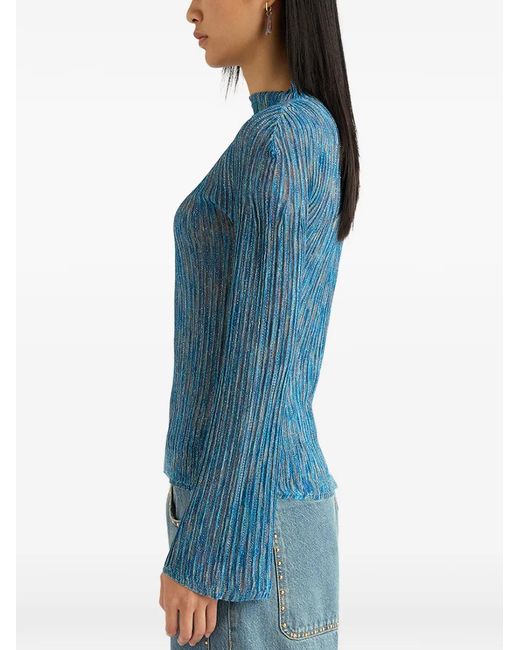Momoní Blue Miraflores Ribbed Flared-Sleeves Top