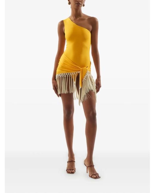 Taller Marmo Yellow Yacare One-Shoulder Fringed Swimsuit