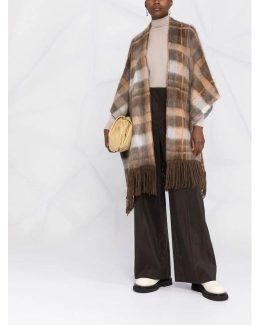 Brunello Cucinelli Brown Check-Print Frayed-Edge Cape