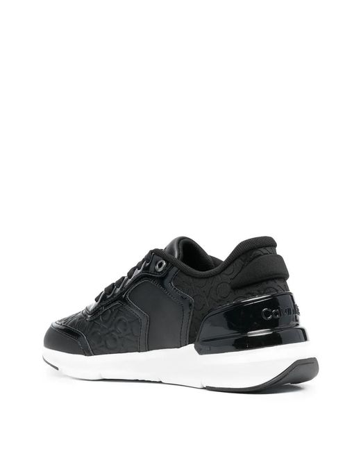 Calvin Klein Black Leather Monogram-Pattern Sneakers