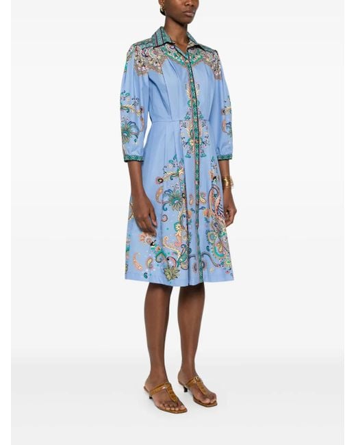 Etro Blue Pattern Cotton Midi Dress
