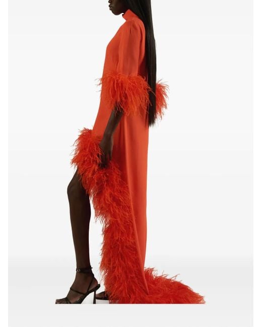 Taller Marmo Red Robe Ornée De Plumes Gina Extravaganza À Ourlet Asymétrique
