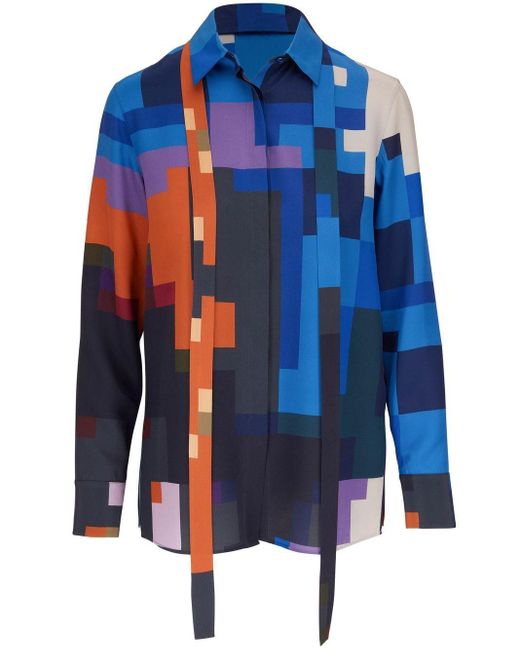 Akris Blue Seidenhemd mit Pixel-Print