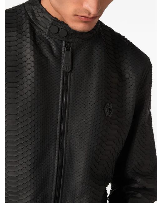 Philipp Plein Moto Leren Jack Met Pythonprint in het Black voor heren