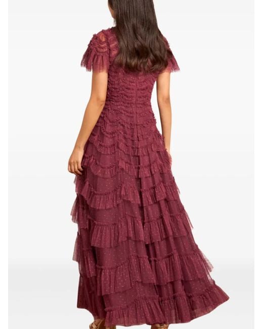 Needle & Thread Red Aviana Ruffled V-Neck Maxi Dress