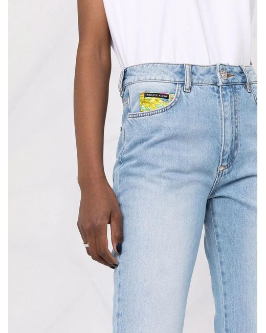Philipp Plein Blue Floral Insert Flared Jeans