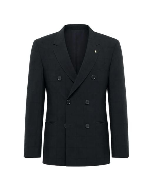 Corneliani Black Double-Breasted Checked Blazer for men