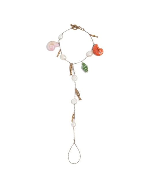 Bimba Y Lola White Aged Anklet With Pearls, Shells And Fish