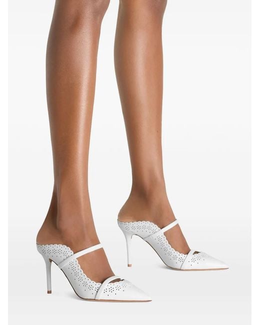 Malone Souliers White Pointed-Toe Scalloped-Trim Heeled Pumps