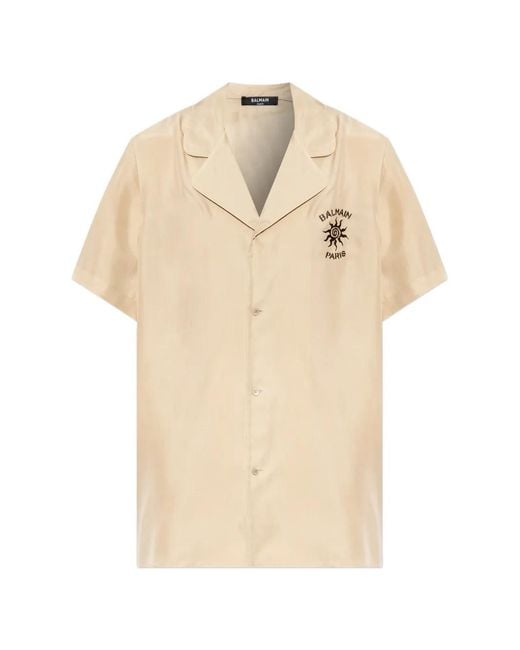 Balmain Natural Logo-Embroidered Camp-Collar Shirt for men