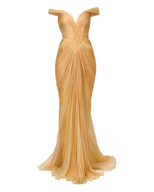 IRIS SERBAN Metallic Off-Shoulder Pleated Dress
