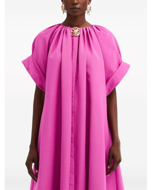 Oscar de la Renta Pink Floral-button Faille Kaftan Maxi Dress
