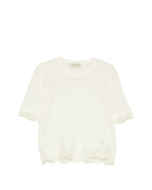 ERMANNO FIRENZE White Short-Sleeve Lace-Trim Top