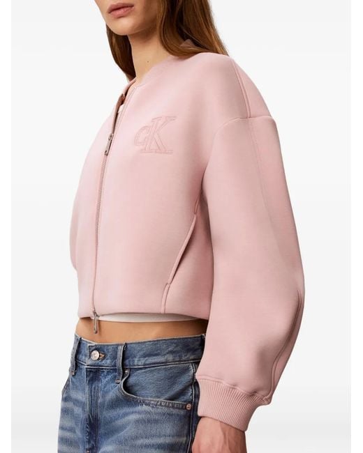 Calvin Klein Pink Logo-Embroidered Cropped Bomber Jacket