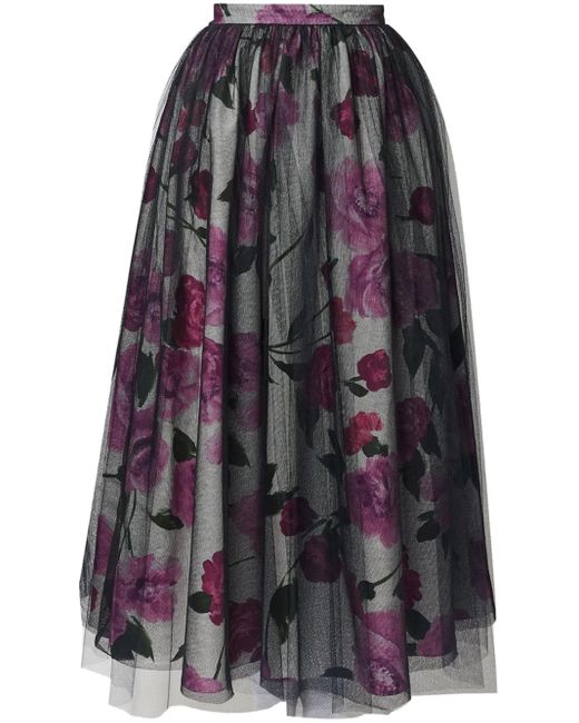 Erdem White Tulle-Overlay Floral-Print Midi Skirt