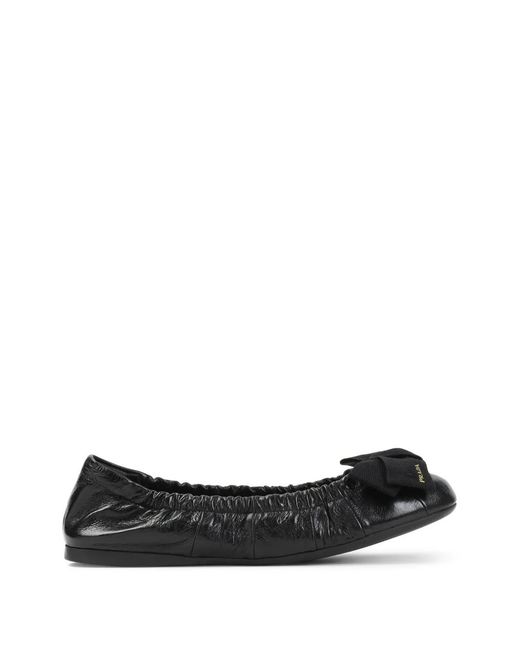 Prada Black Bow-Detail Wrinkled-Effect Ballet Flats