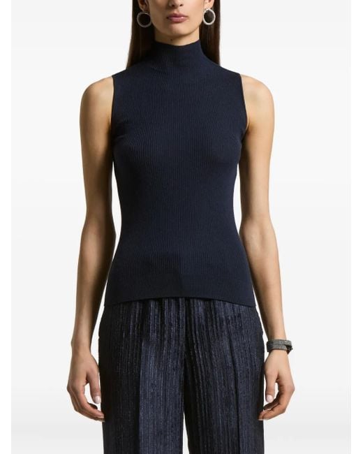 Peserico Blue Ribbed High-Neck Sleeveless Vest