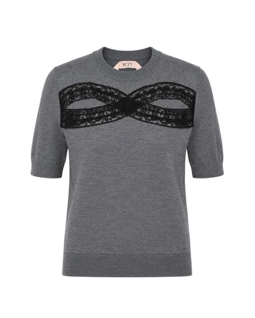N°21 Gray Lace-Trim Crew-Neck T-Shirt