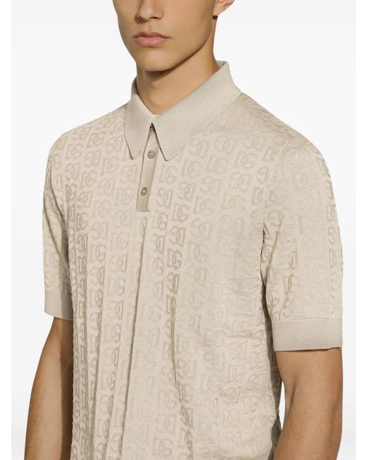 Dolce & Gabbana White Silk Jacquard Polo Shirt With Dg Logo for men