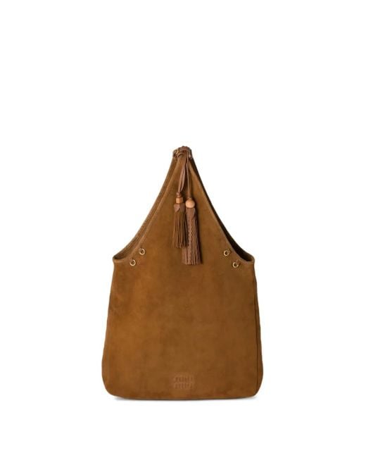 Bolso shopper de ante con detalle de borla Miu Miu de color Brown