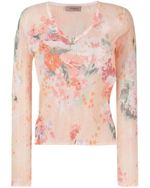 Twinset Pink Blouse Nervurée À Manches Longues