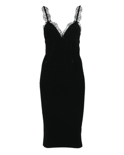 Blumarine Black Lace-Trimmed Ribbed Midi Dress