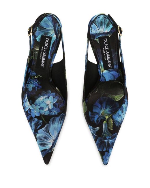 Dolce & Gabbana Blue Floral-print Charmeuse Slingback Pumps