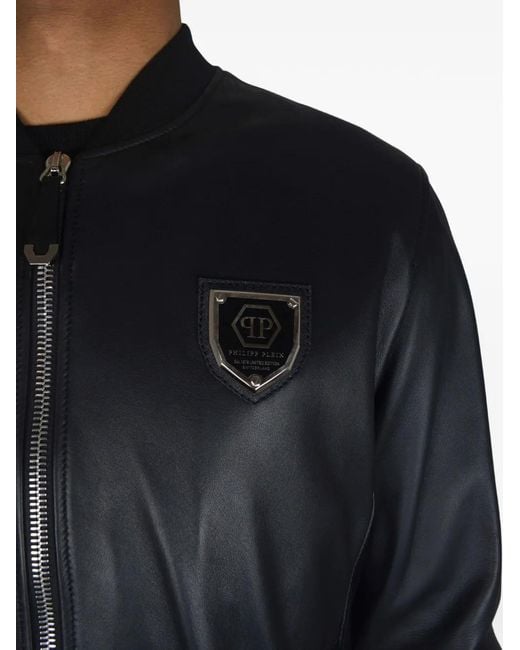 Philipp Plein Black Logo-Plaque Leather Bomber Jacket for men