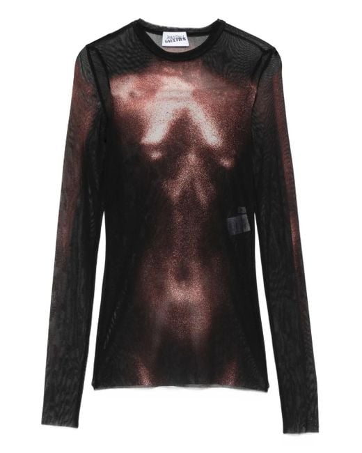 Jean Paul Gaultier Black Mesh Crew Neck Top With Long Sleeves Printed Body Dust