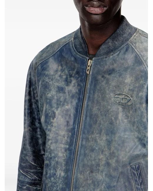 DIESEL Blue L-Cobb Leather Bomber Jacket for men