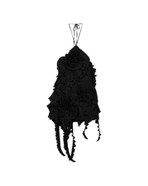 Blumarine Black Pleated-Rose Taffeta Mini Dress
