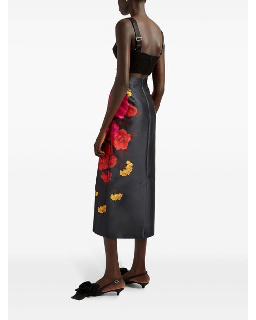 Erdem Black Floral-Print Faille Midi Pencil Skirt